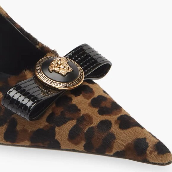 VERSACE Leopard Animal Print Genuine Calf Hair Leather Bow Pointed Toe Pumps - Picture 6 of 7